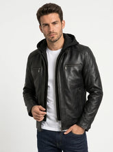 Men's Black Hooded Leather Jacket with Detachable Hood