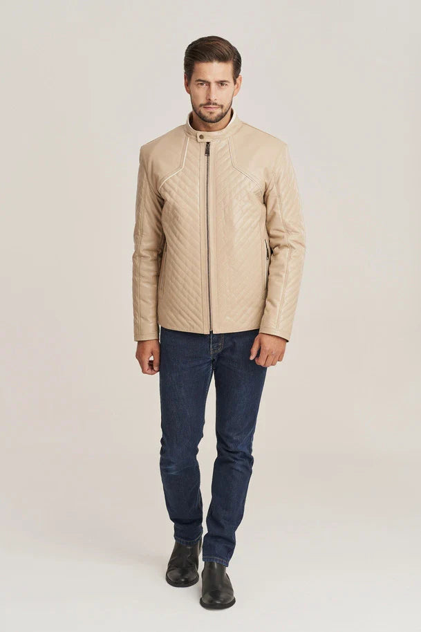 Aldric - Men's Beige Sheepskin Quilted Leather Jacket