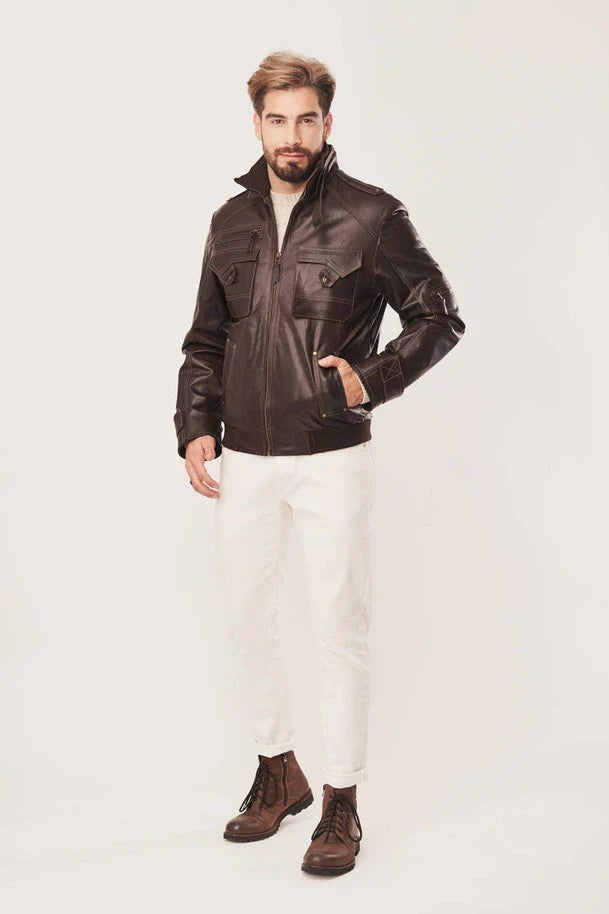 Alric - Men's Brown Bomber Leather Jacket