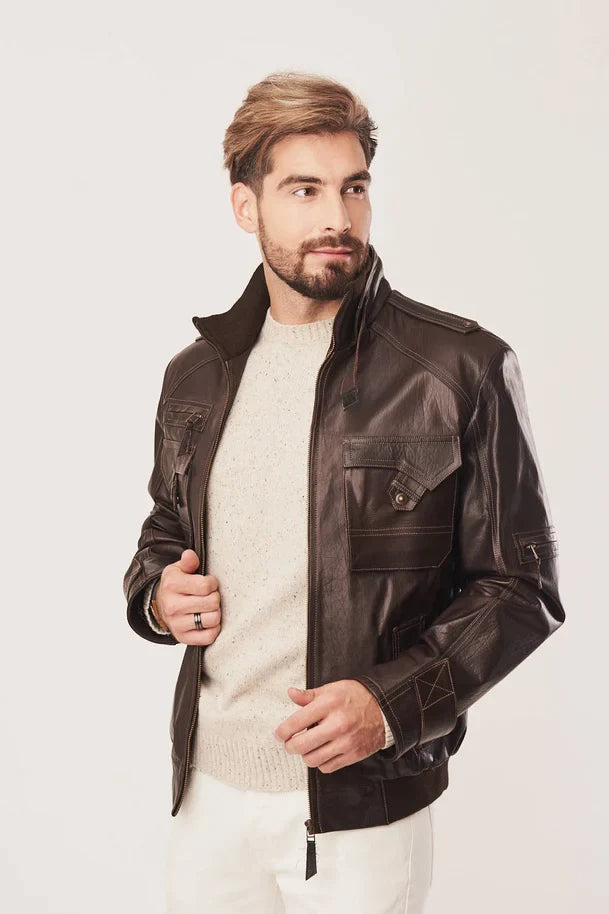Alric - Men's Brown Bomber Leather Jacket
