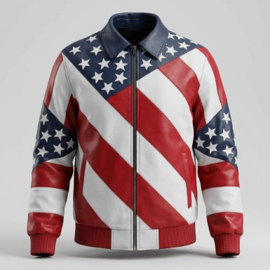American Flag Color Shirt Style Leather Jacket For Men