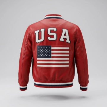 American Flag sheepskin Leather Bomber Jacket