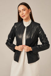 Avelisse - Women's Sheepskin Collarless Black Leather Jacket