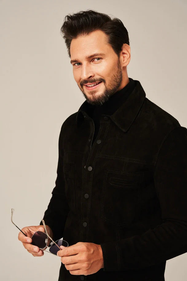 Averon - Men's Black Suede Leather Shirt Jacket