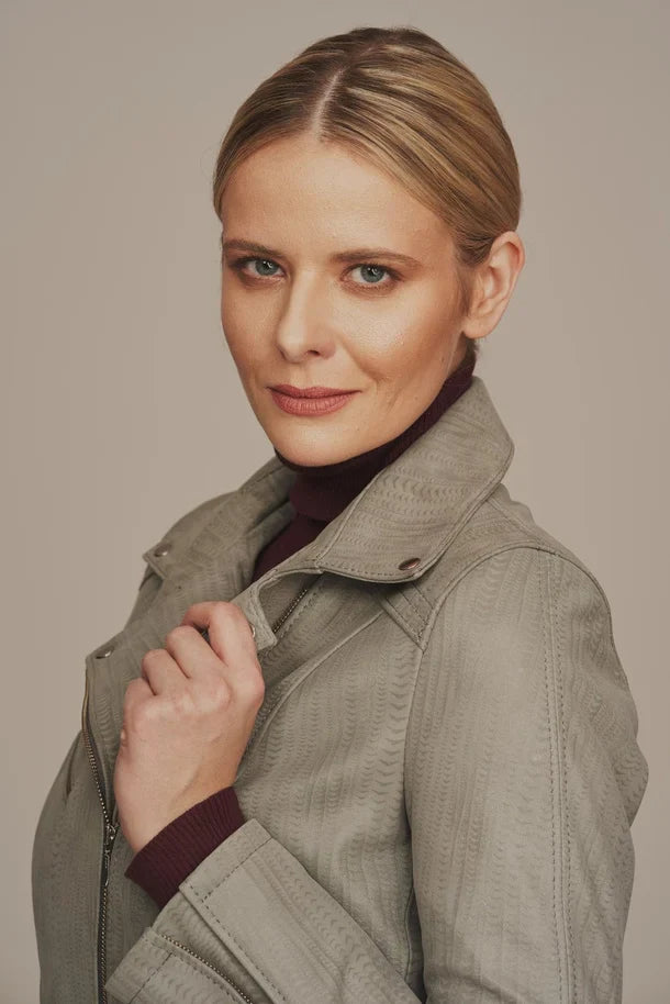 Azyra - Women's Gray Leather Biker Jacket