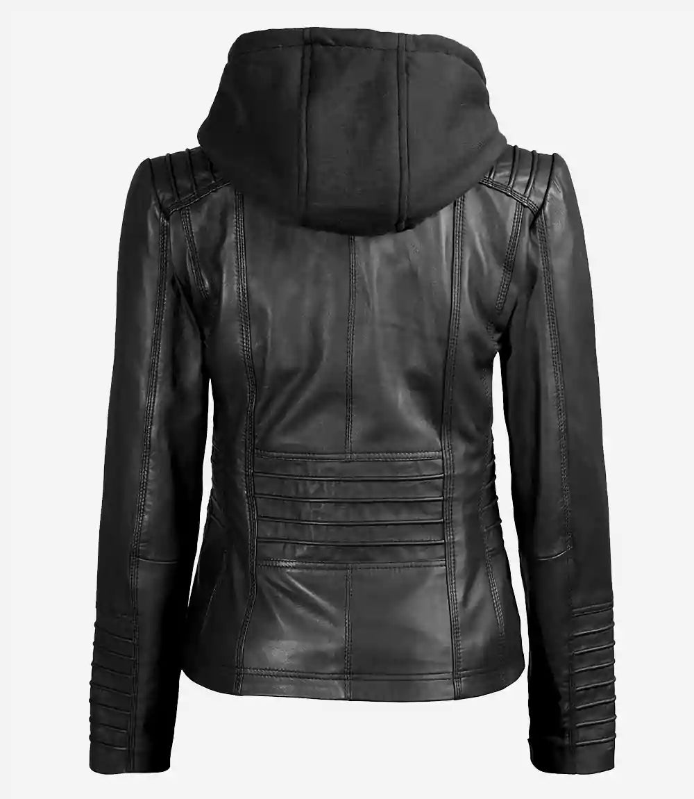 Women's Black Sheepskin Leather Jacket with Removable Hood