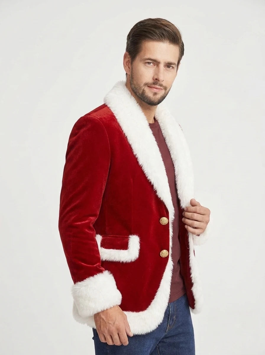 Back view of men’s red Santa-inspired leather blazer