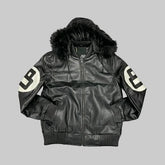 Black Hooded Sheepskin Leather Bomber Jacket For Men