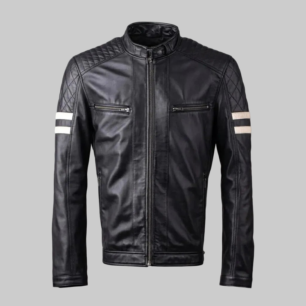 Black Sheepskin Leather Cafe Racer Jacket For Men