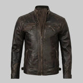 Brown Cafe Racer Leather Biker Jacket For Men