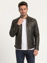 Brown Sheepskin Leather Biker Jacket For Men