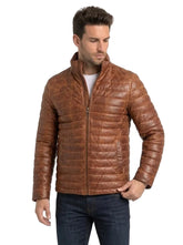 Brown Sheepskin Leather Puffer Jacket For Men