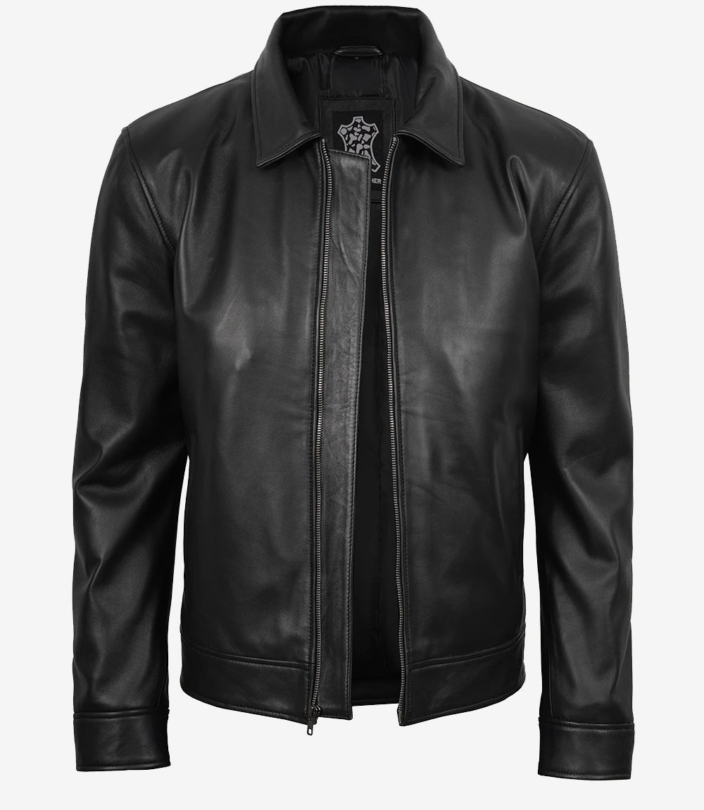 Classic Black Leather Harrington Jacket for Men
