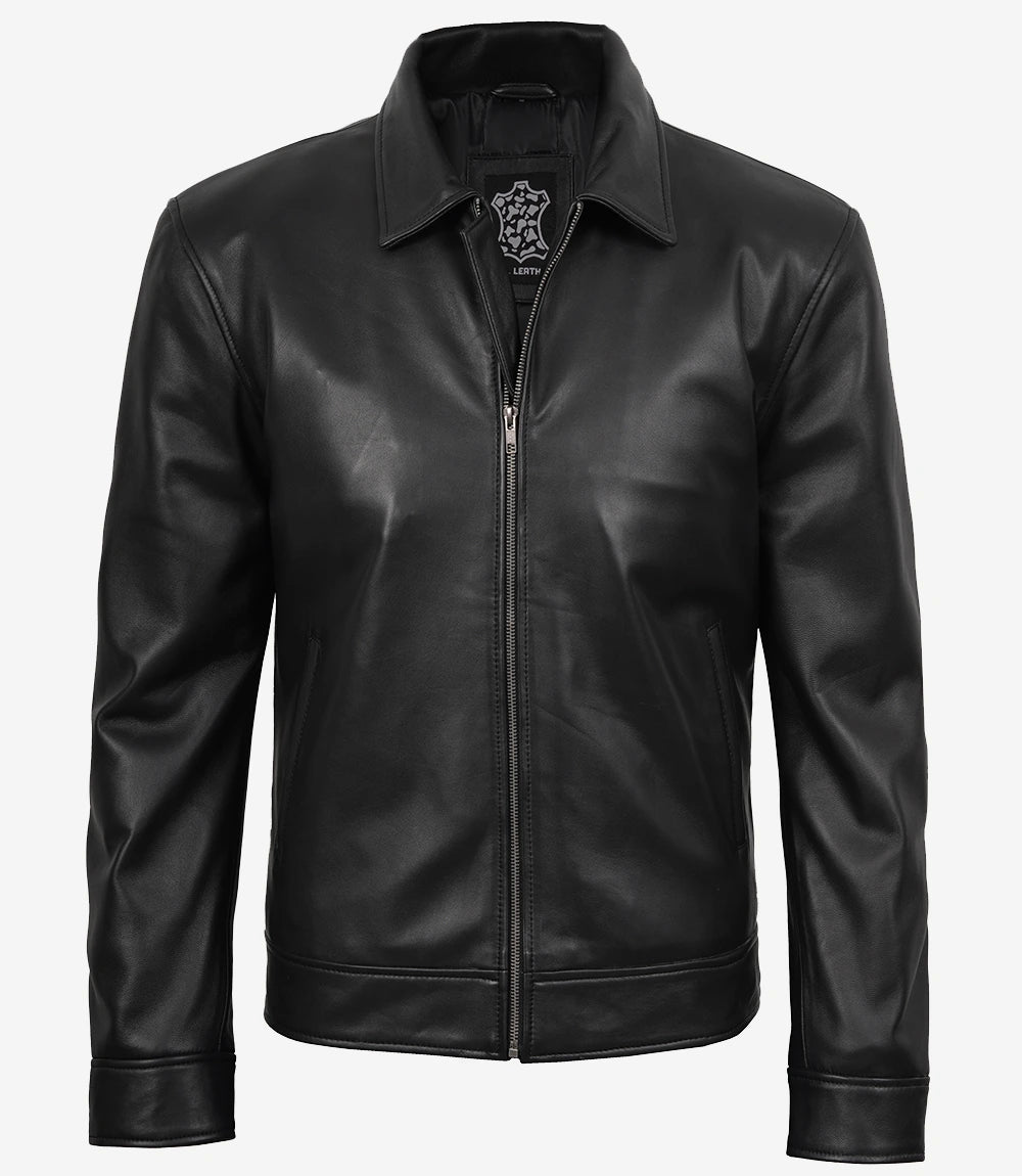 Classic Black Leather Harrington Jacket for Men