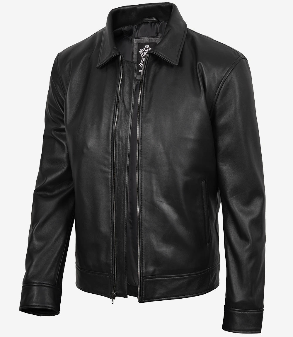 Classic Black Leather Harrington Jacket for Men