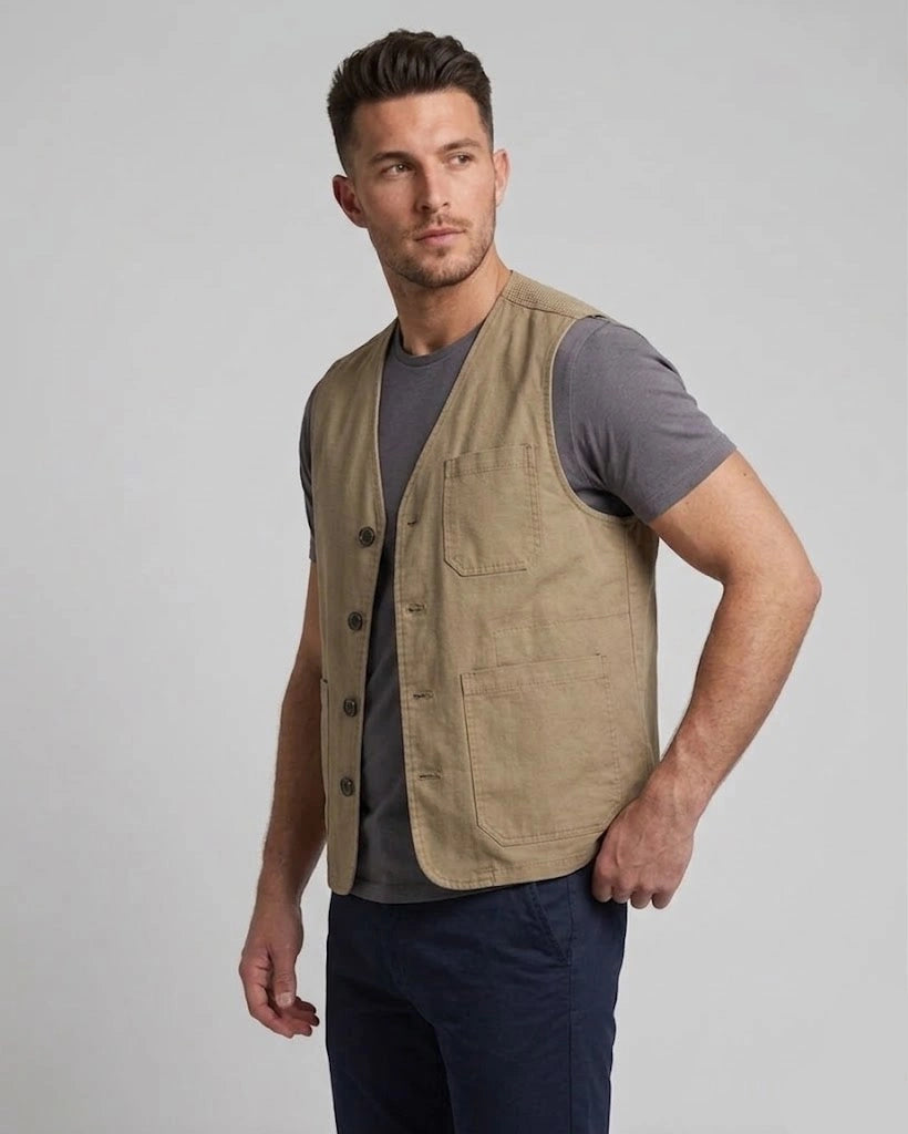Men's khaki cotton utility vest with multi-pocket front and breathable mesh back panel