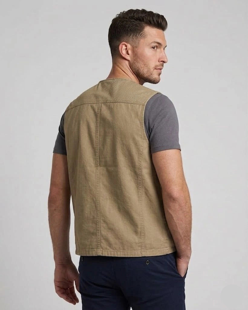 Men's khaki cotton utility vest with multi-pocket front and breathable mesh back panel