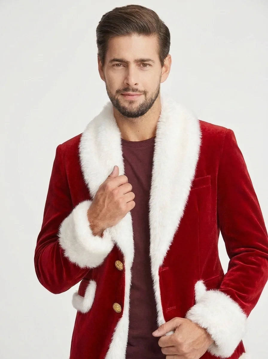 Close-up of white Faux Fur collar and cuffs on a red Christmas blazer