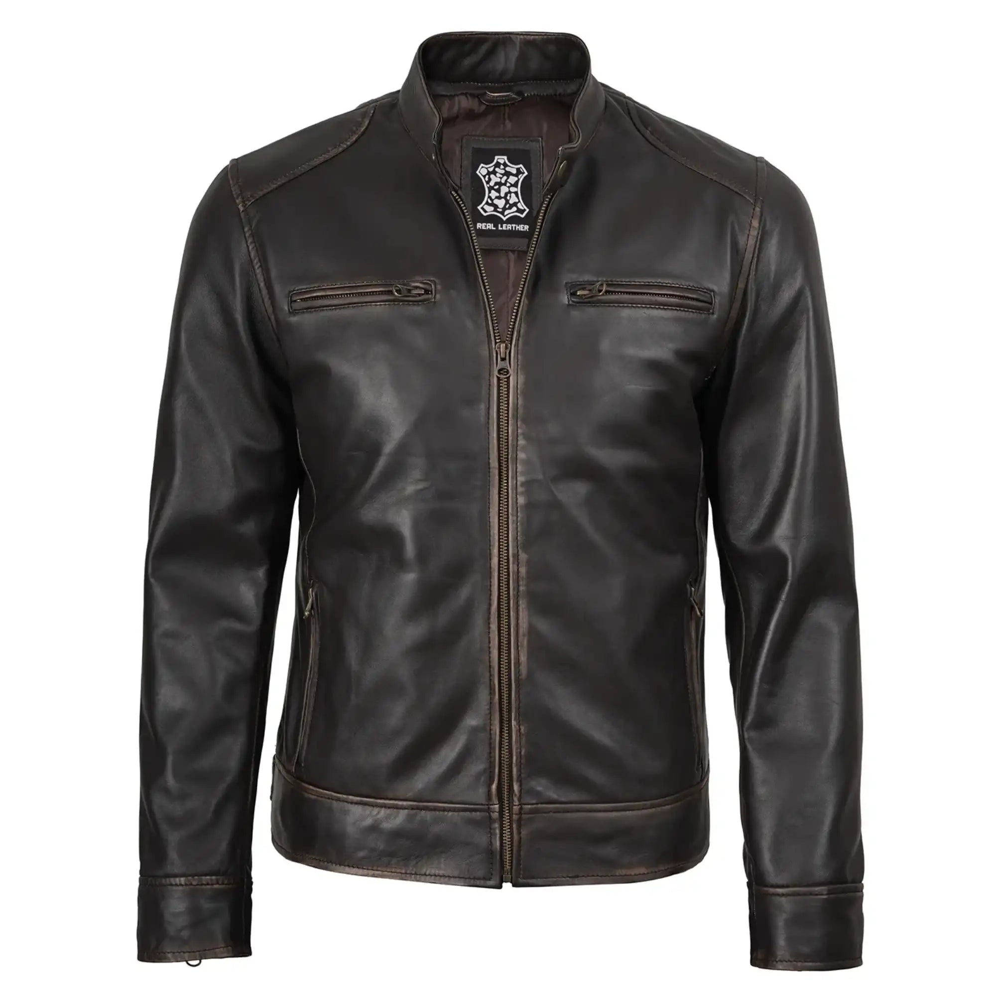 Black leather jacket with a brand logo on a white background