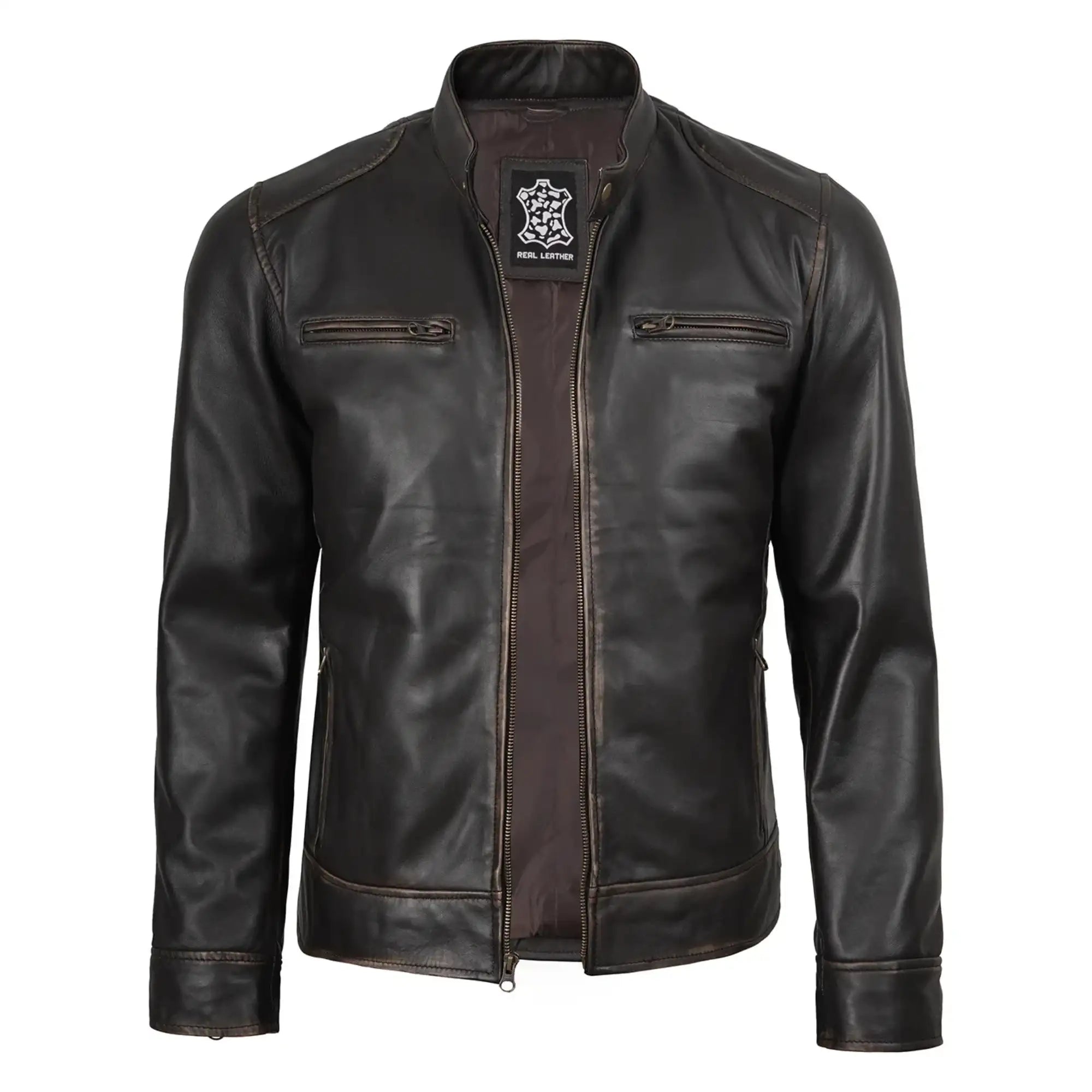 Black leather jacket with a brand logo on a white background
