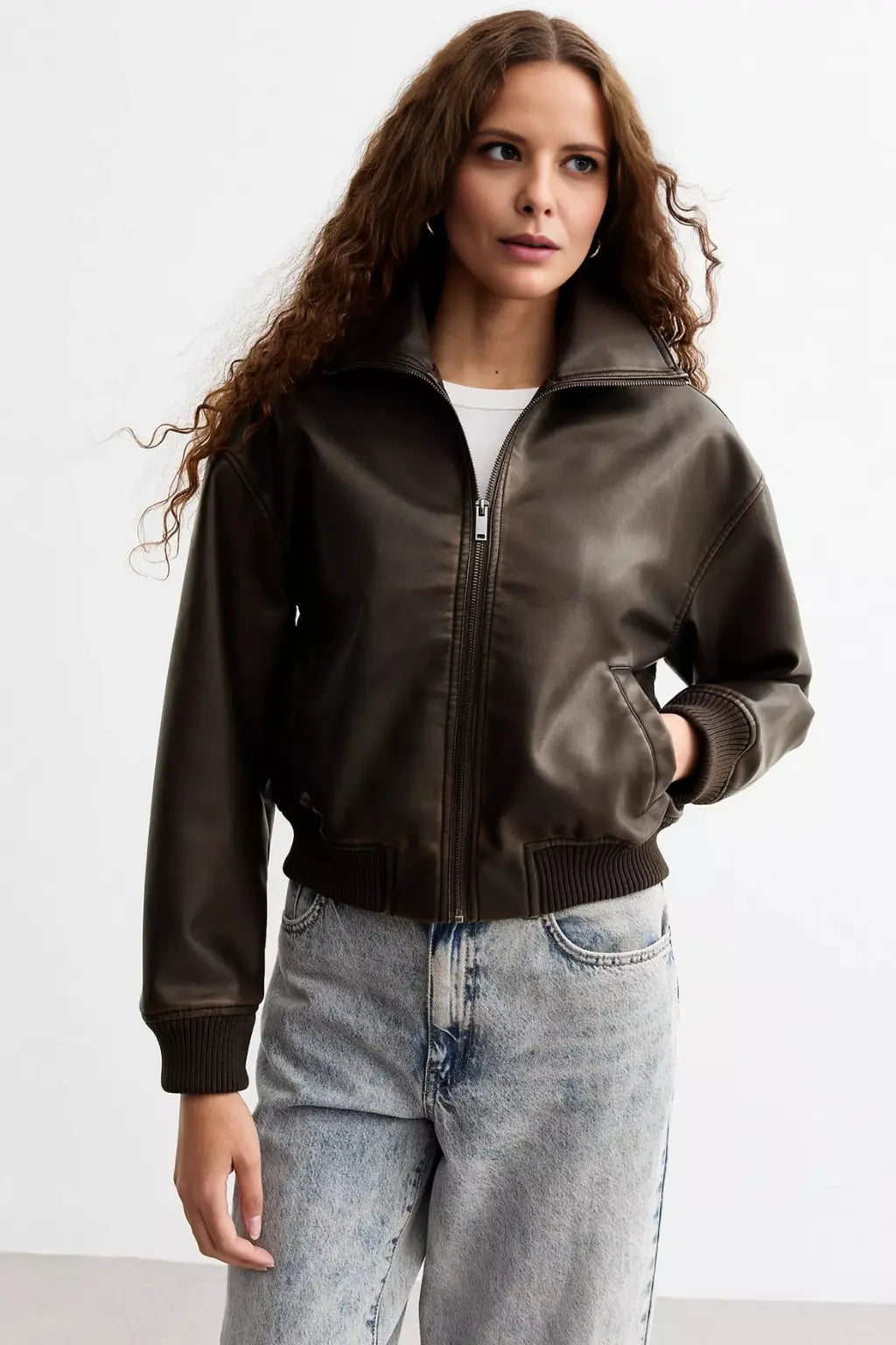 Elowen - Women's Brown Leather Bomber Jacket