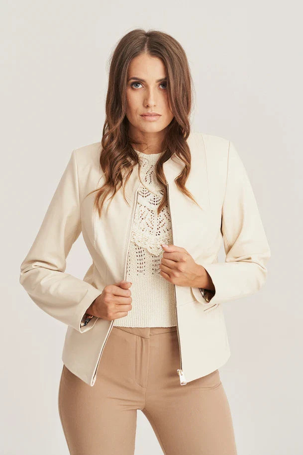 Elthia - Women's Collarless Sheepskin Beige Leather Jacket