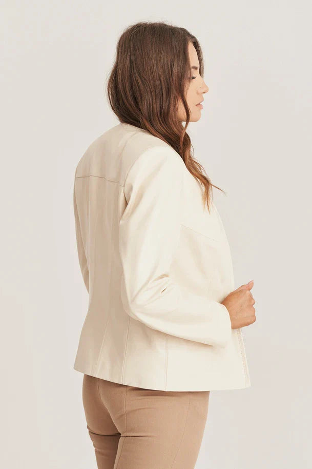 Elthia - Women's Collarless Sheepskin Beige Leather Jacket