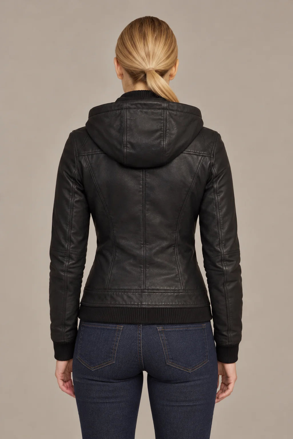 Elvaria - Women's Black Bomber Leather Jacket with Removable Hood