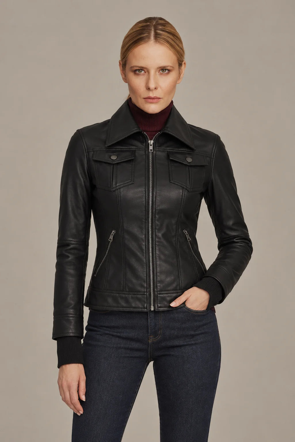Elvaria - Women's Black Bomber Leather Jacket with Removable Hood