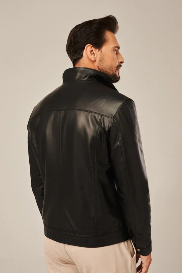 Elvric - Men's Black Sheepskin Leather Moto Jacket
