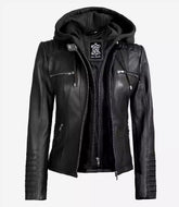 Women's Black Sheepskin Leather Jacket with Removable Hood