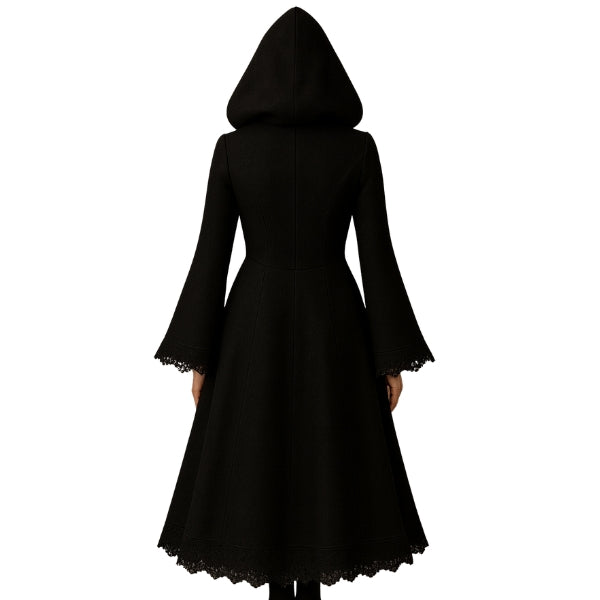 Gothic Long Black Hooded Coat – Button Down A-Line Maxi Overcoat for Women