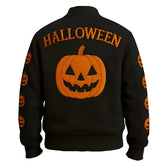 Black Halloween-themed jacket with orange pumpkin design on a white background