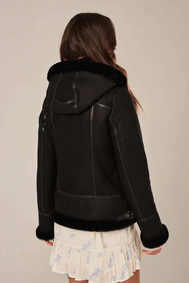 Isla - Women's Black Sheepskin Shearling Aviator Jacket