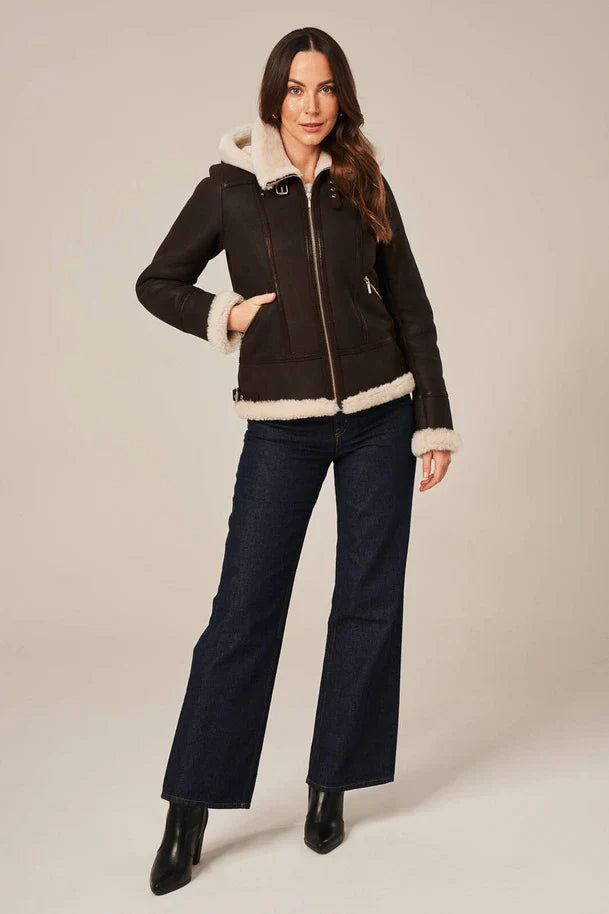 Isla - Women's Dark Brown Shearling Aviator Jacket