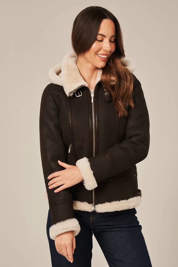 Isla - Women's Dark Brown Shearling Aviator Jacket
