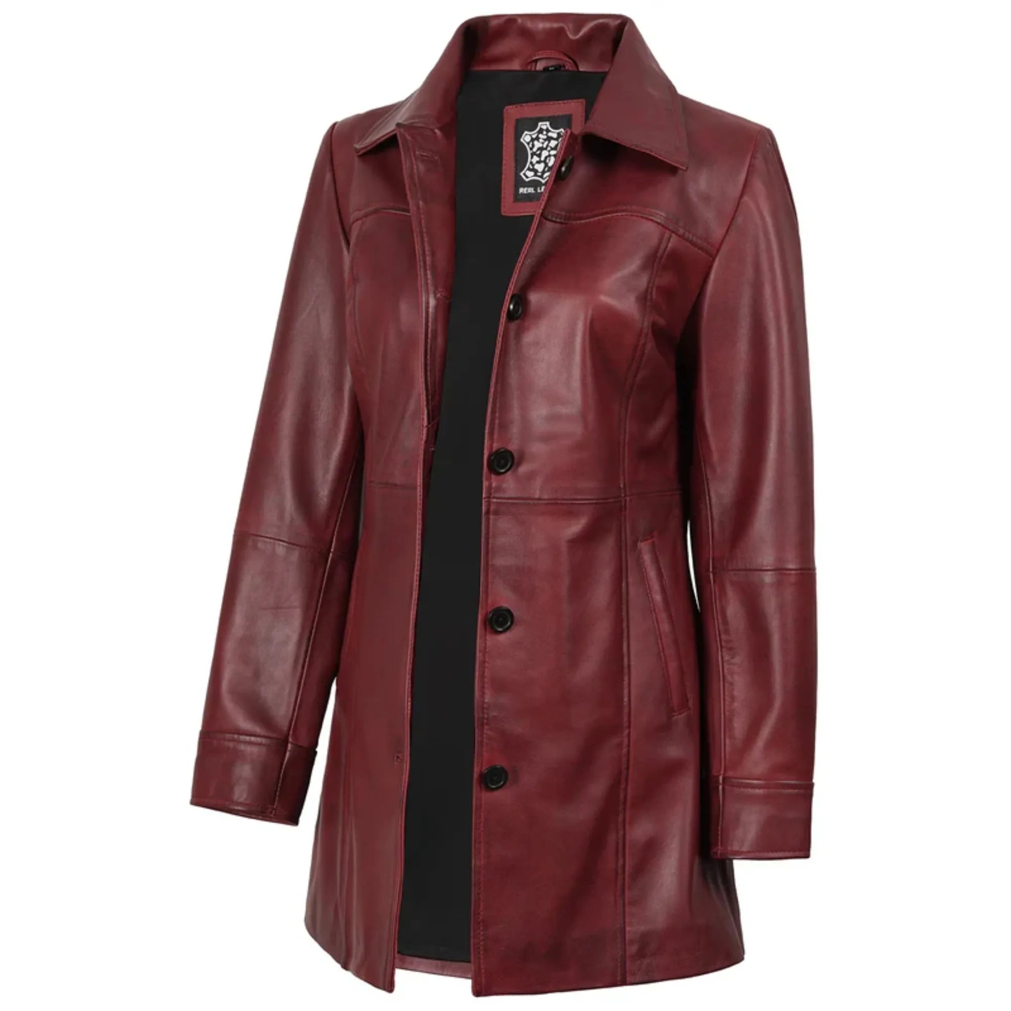Kandis Women's Burgundy Real Leather Car Coat