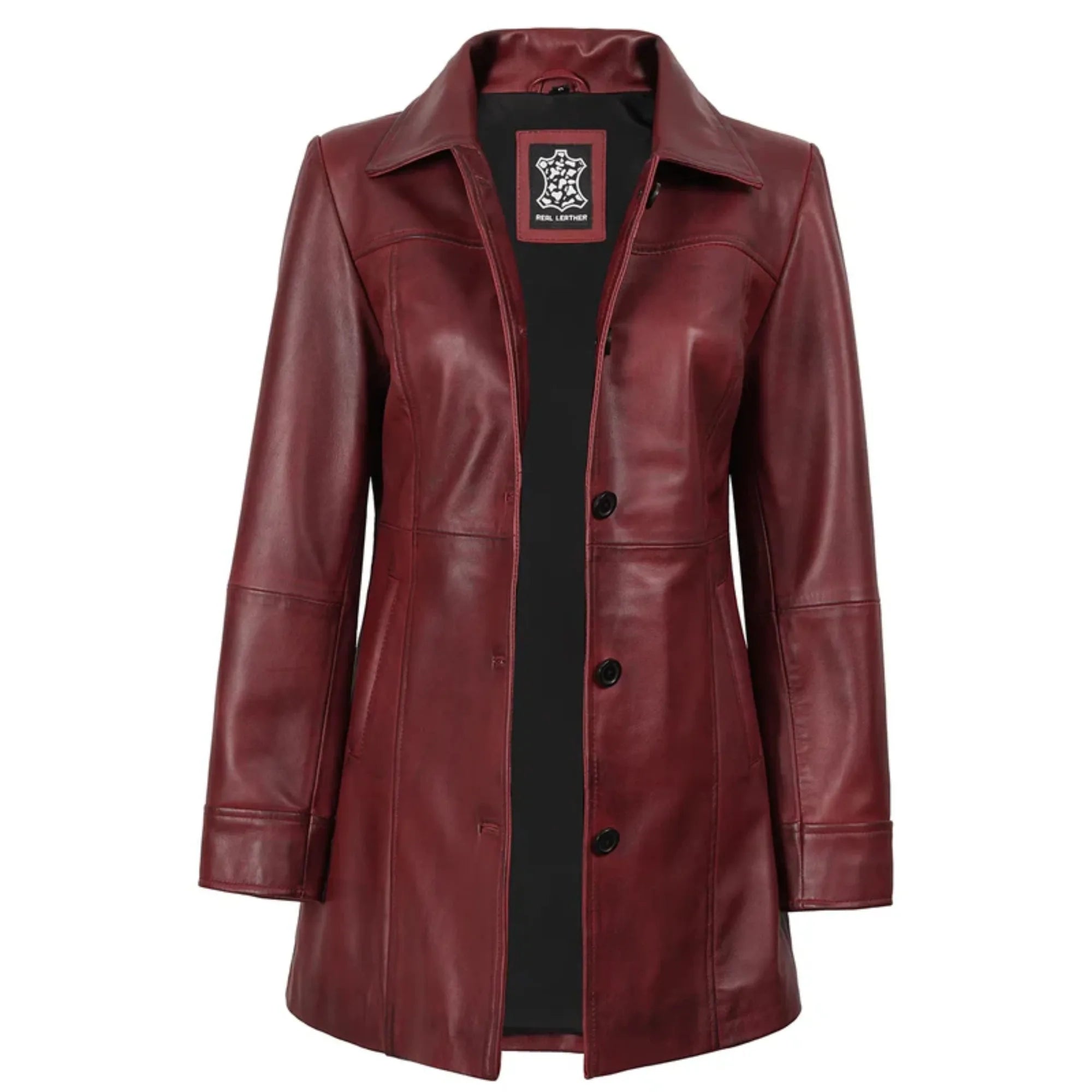 Kandis Women's Burgundy Real Leather Car Coat