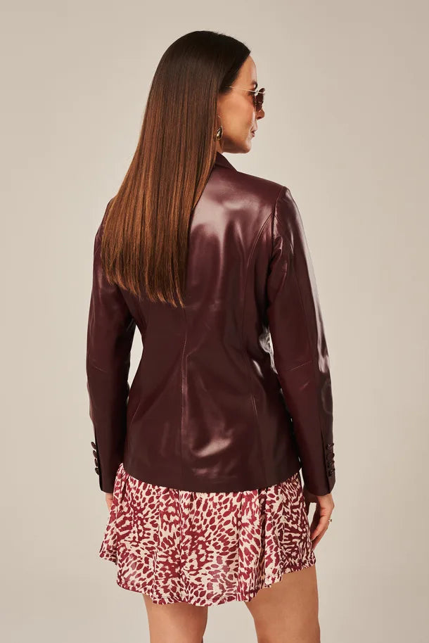 Liorra - Women's Burgundy One Button Leather Blazer
