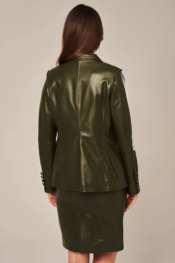 Liorra - Women's Olive Green One Button Leather Blazer
