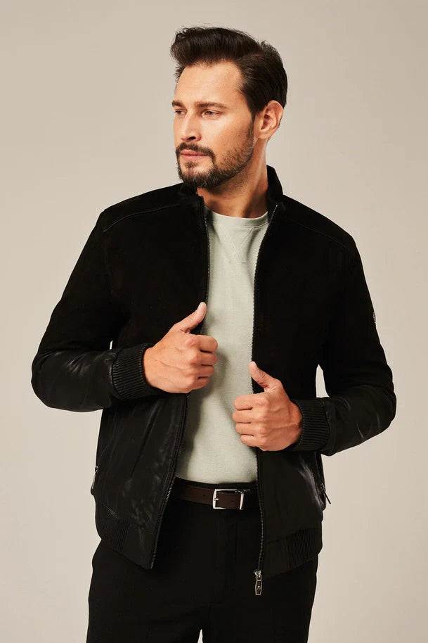 Mael - Men's Black Rub Off Leather Bomber Jacket