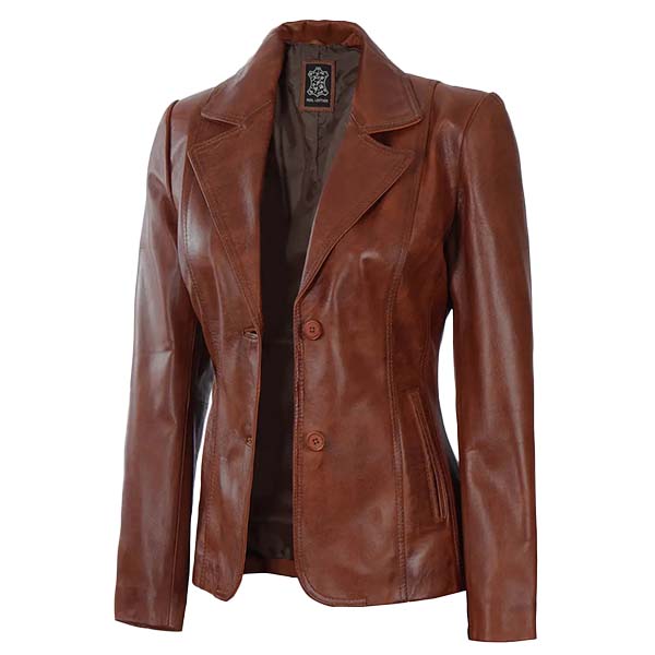 Marvelle - Women's Cognac Brown Leather Blazer