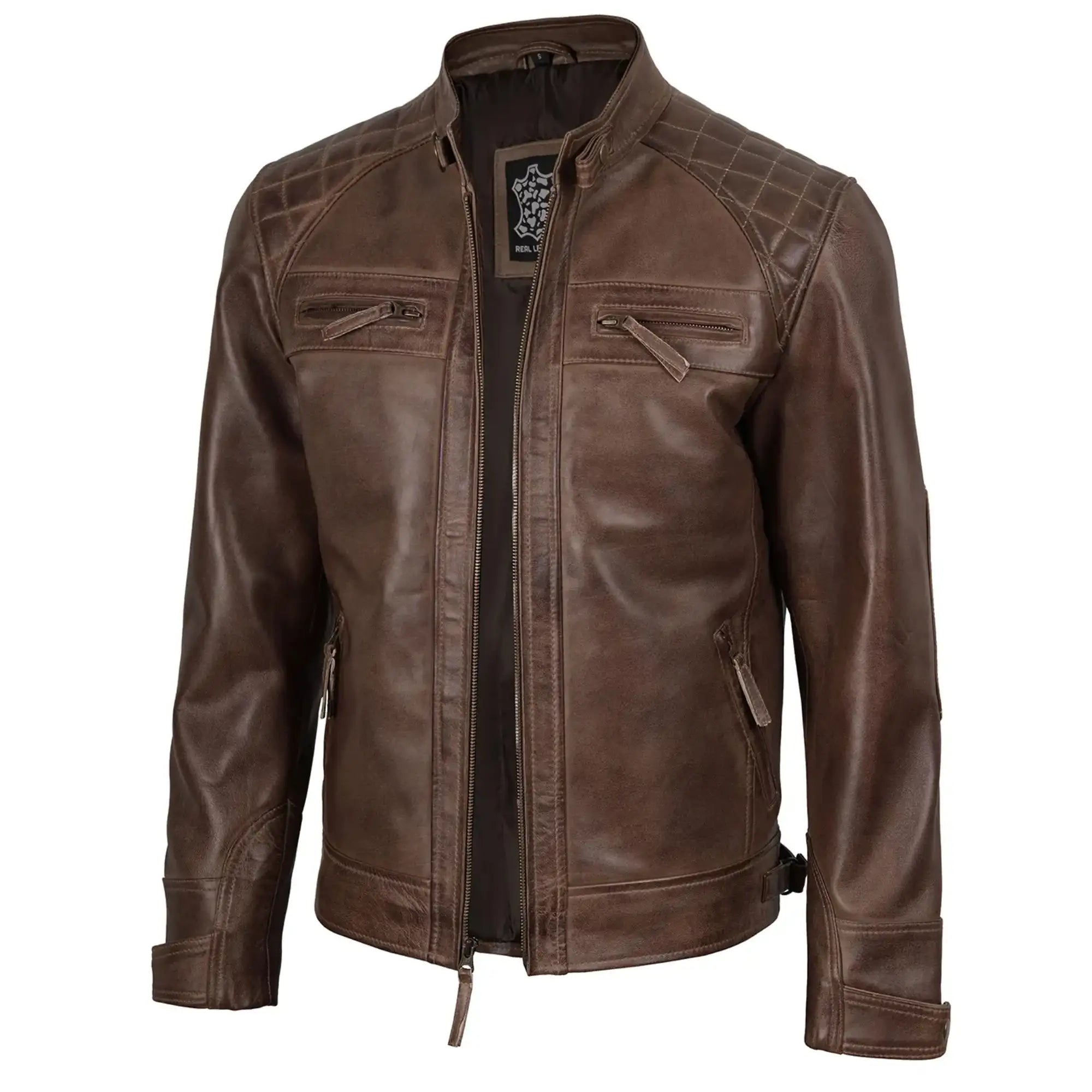 Brown leather jacket on a white background
