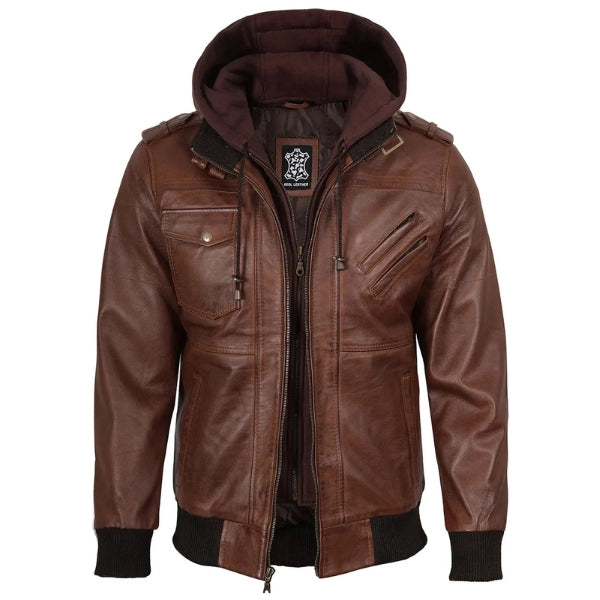 Brown leather jacket with a hood on a white background