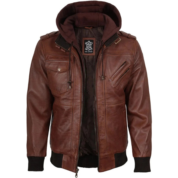 Men Edinburgh Brown Bomber Leather Jacket With Removable Hood