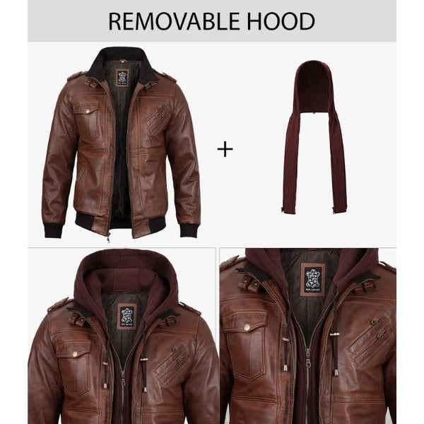 Men Edinburgh Brown Bomber Leather Jacket With Removable Hood