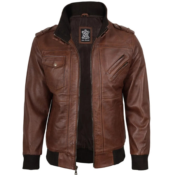 Men Edinburgh Brown Bomber Leather Jacket With Removable Hood