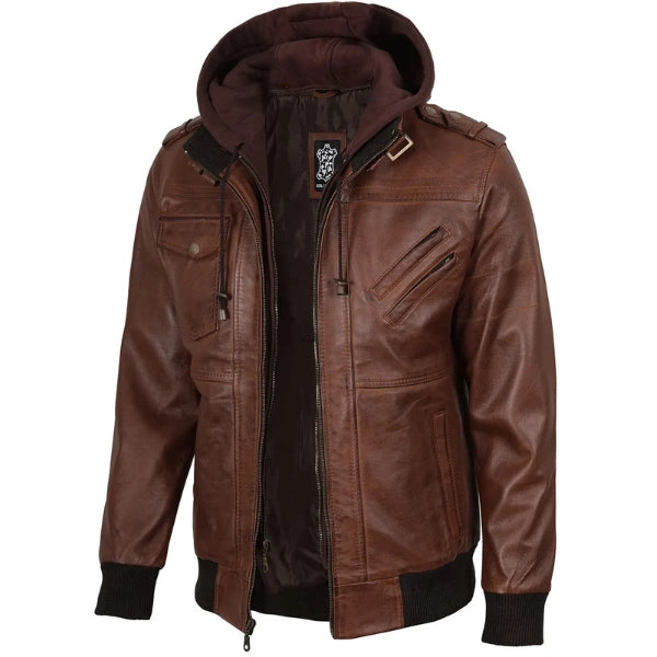 Men Edinburgh Brown Bomber Leather Jacket With Removable Hood