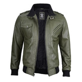 Men Green Leather Bomber Jacket with Removable Hood