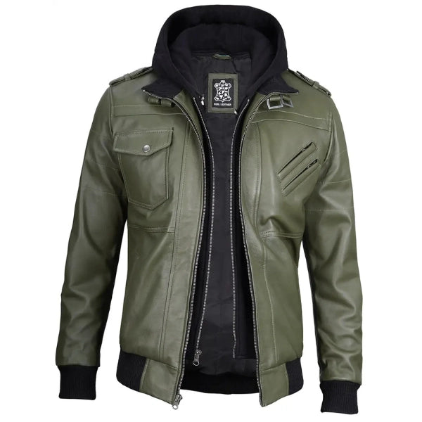 Men Green Leather Bomber Jacket with Removable Hood